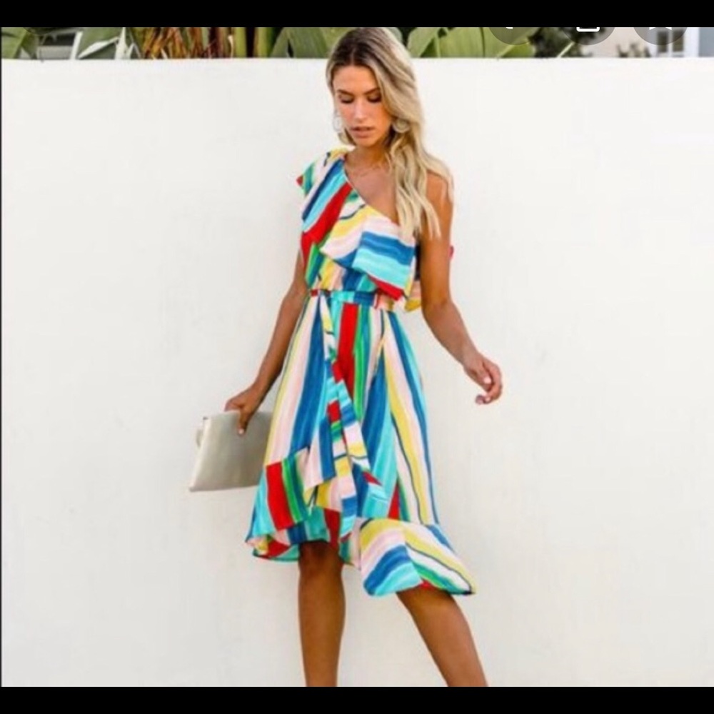Vici Collection one shoulder ruffle rainbow dress